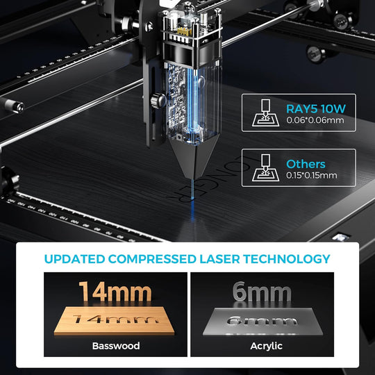 Longer RAY5 10W Laser Engraver, 60W Higher Accuracy Laser Engraving Machine, Compresed Spot 0.06x0.06mm Laser Cutter for Wood and Metal, Dark Acrylic, Glass, Leather, Cutting Area 15.7"x15.7"