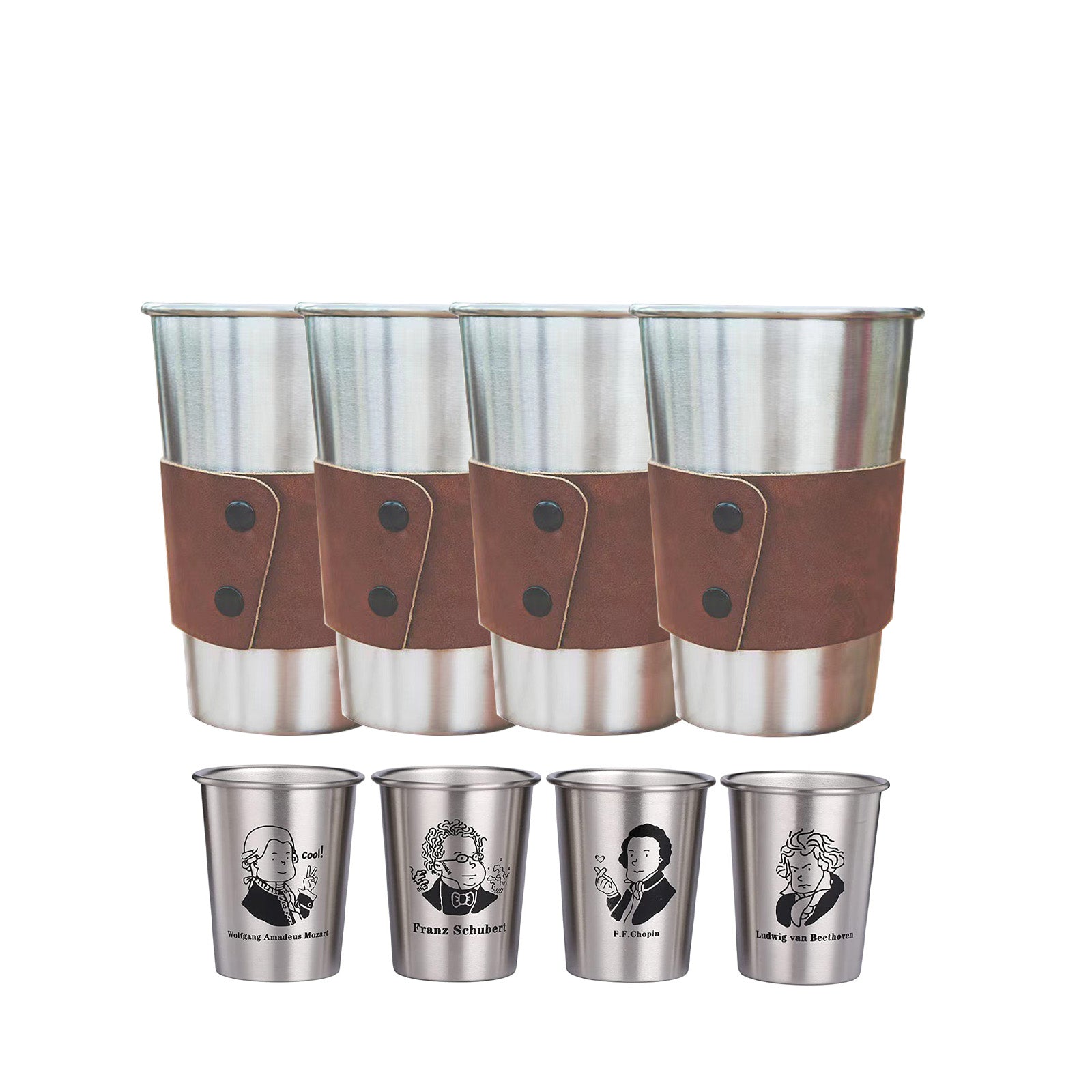 4 Pcs 500ml Stainless Steel Cup With Leather Case