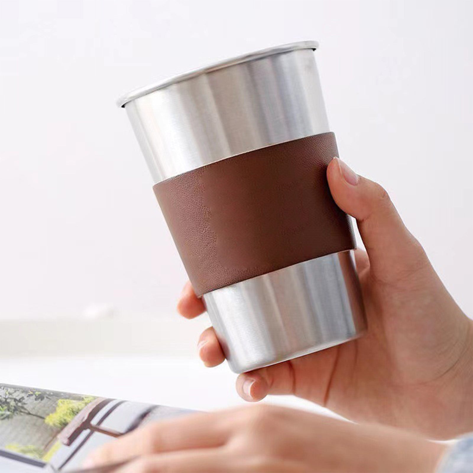 4 Pcs 500ml Stainless Steel Cup With Leather Case