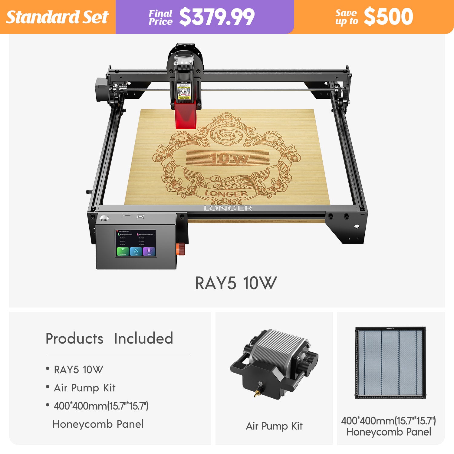 Longer RAY5 Corte y grabado de alta precisión de 60 W, grabador láser de 10 W, punto de 0,06 x 0,06 mm, pantalla táctil de 3,5