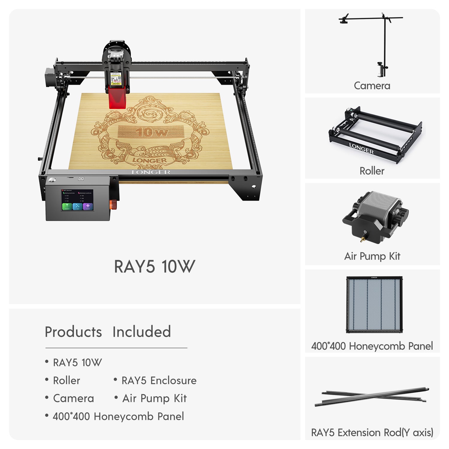 Longer RAY5 Corte y grabado de alta precisión de 60 W, grabador láser de 10 W, punto de 0,06 x 0,06 mm, pantalla táctil de 3,5