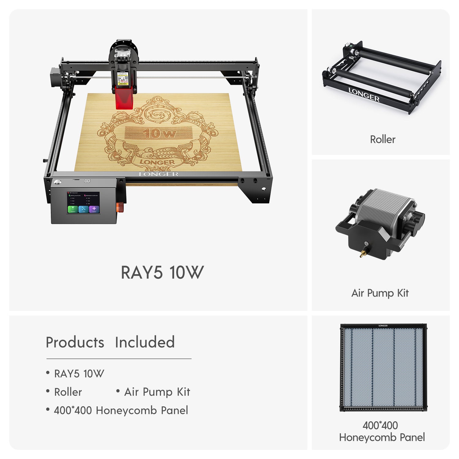 Longer RAY5 Corte y grabado de alta precisión de 60 W, grabador láser de 10 W, punto de 0,06 x 0,06 mm, pantalla táctil de 3,5