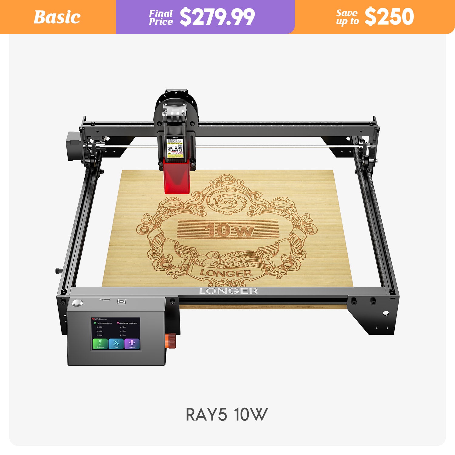 Longer RAY5 Corte y grabado de alta precisión de 60 W, grabador láser de 10 W, punto de 0,06 x 0,06 mm, pantalla táctil de 3,5