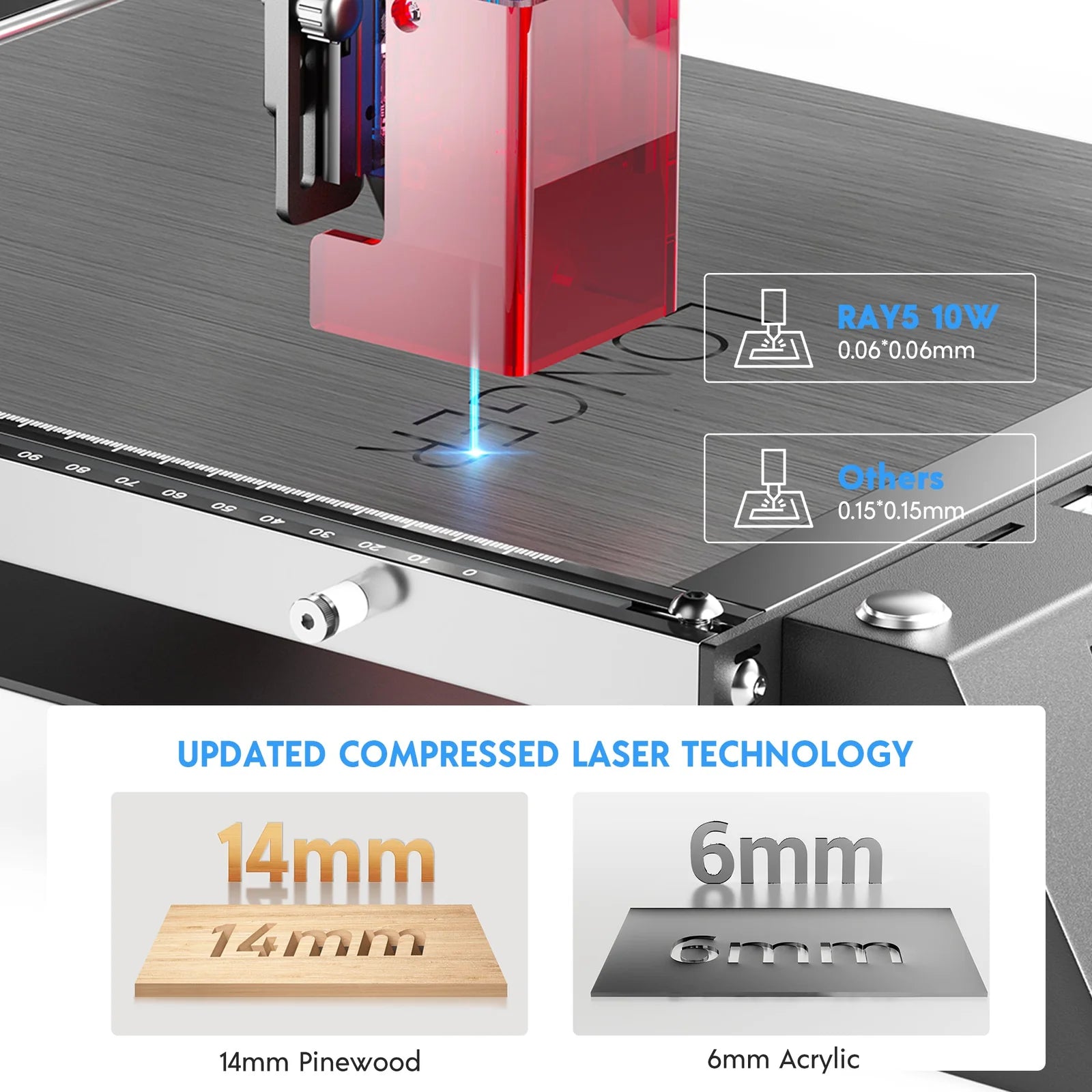 Longer RAY5 Corte y grabado de alta precisión de 60 W, grabador láser de 10 W, punto de 0,06 x 0,06 mm, pantalla táctil de 3,5